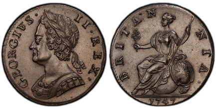 1084518 GREAT BRITAIN. George II. (King, 1727-1760). 1747 CU Halfpenny. PCGS MS63BN (Brown).  GEORGIVS · - II · REX ·. Laureate bust left / BRITAN - NIA ·. Brittania seated left. KM 579.20000000000005; SCBC-3719 (GEORGIVS).

Please use this link t...