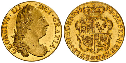 1086259 GREAT BRITAIN. George III. (King, 1760-1820). 1774 AV Guinea. NGC PF63Cameo.  Edge: Plain. GEORGIVS · III - DEI · GRATIA ·. Laureate head right / F · D · B · ET · L · D · S · R · I · A · T · ET · E · - M · B · F · ET · H · REX ·. Crowned 4...
