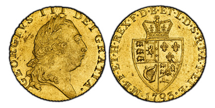 1085534 GREAT BRITAIN. George III. (King, 1760-1820). 1793 AV Guinea. PCGS AU58.  GEORGIVS III DEI GRATIA ·. Laureate head right / F · D · B · ET · L · D · S · R · I · A · T · ET · E · - M · B · F · ET · H · REX ·. Crowned 4-fold spade arms. KM 60...