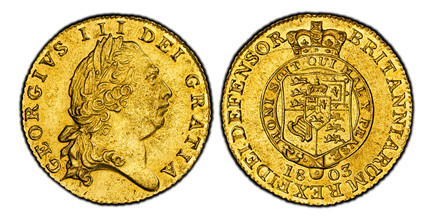1085535 GREAT BRITAIN. George III. 1803 AV Half-Guinea. PCGS AU58.  GEORGIVS III DEI GRATIA. Laureate head right / BRITANNIARUM REX FIDEI DEFENSOR. Crowned arms within circular legend. KM 649; SCBC-3736; Fr.-363.

Please use this link to verify th...