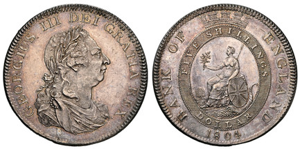 1086256 GREAT BRITAIN. George III. (King, 1760-1820). 1804 AR Bank Dollar (Five Shillings). NGC MS61PL (Prooflike).  Soho mint. Laureate head right / Denomination within crowned oval with seated Britannia at center. KM Tn1; SCBC-3768; ESC-1925 (Pr...