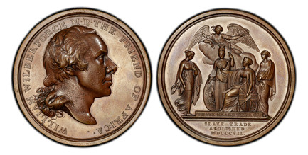 1084215 GREAT BRITAIN. 1807 Bronzed AE Medal. PCGS SP64.  By T. Webb. 53mm. WILLIAM WILBERFORCE M. P. THE FRIEND OF AFRICA. Bare bust of Wilberforce right / SLAVE TRADE ABOLISHED MDCCCVII. Britannia with Victory, Prudence, Mercury and Justice. Eim...
