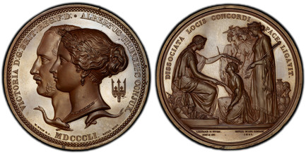 1085199 GREAT BRITAIN. Victoria. 1851 Bronzed AE Medal. PCGS SP64.  By W. and LC Wyon. 78mm. VICTORIA D.G.: BRIT: REG F:D: • ALBERTUS PRINCEPS CONJUX. Conjoined busts of Victoria and her husband, Prince Albert of Saxe-Coburg to the left, trident t...