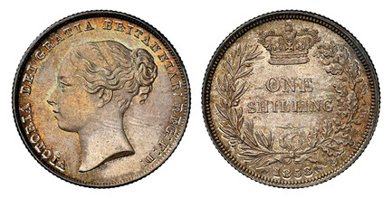 1084349 GREAT BRITAIN. Victoria. (Queen, 1837-1901). 1858/6 AR Shilling. NGC MS64.  VICTORIA DEI GRATIA BRITANNIAR: REG: F: D:. High relief portrait / Crown above denomination within wreath; date below. KM 734.1; SCBC-3904; ESC-3012, Davies 874 di...