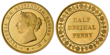 1086016 GREAT BRITAIN. Victoria. (Queen, 1837-1901). (1859) ND Brass Pattern Halfpenny. NGC PR66.  Diadem bust, left / Denomination within ornate decorated wreath and beaded inner circle. Peck 2002, Freeman 710 (R18, 6-15 pieces struck).

Currentl...