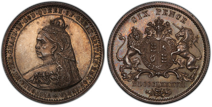 1084662 GREAT BRITAIN. Victoria. (Queen, 1837-1901). MDCCCLXXXVII (1887) AR Pattern Sixpence. PCGS PR63.  By Joseph Rochelle Thomas with Spink & Son. Edge: Reeded. +VICTORIA. BY. THE. GRACE. OF. GOD. QUEEN. OF. GREAT. BRITAIN. EMP: OF. INDIA. Crow...