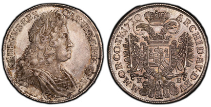 1083780 HUNGARY. Karl VI. 1730-KB AR Thaler. PCGS MS62.  Kremnitz. 28.81gm. CAR · VI · D · G · R · I · S · - A · G · - HI · HV · B · REX. Without inner circle / ARCHID · AV · D · BV... Arms within Order chain on eagle's breast. KM 301; Dav.-1059; ...