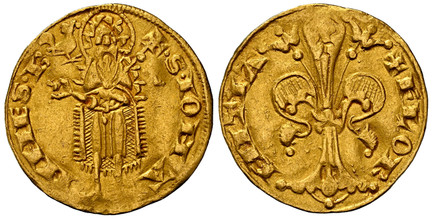 1084334 ITALIAN STATES. Florence. Republic of Florence. (Repubblica Fiorentina, 1115-1532). (1252-1422) ND (rooster) AV Fiorino d'Oro (Florin). NGC AU53.  3.40gm. •S•IOHA–NNES•B . St. John the Baptist standing facing holding a staff surmounted wit...