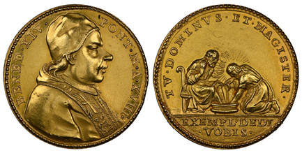 1082858 ITALIAN STATES. Papal States. Benedict XIV. (Pontiff, 1740 - 1758). (1758) Anno XIII AV Medal of 4.5 Ducats Weight. NGC MS61.  By O. Hamerani. 30mm. 15.88gm. BENED. XIV. – PONT. M. A. XVIII. Capped bust, right; signed on truncation, O•H• /...