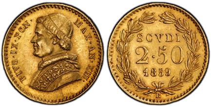 1083564 ITALIAN STATES. Papal States. Pius IX. 1859-XIII-R AV 2-1/2 Scudi. PCGS MS63.  Rome. PIVS.IX.PON... Bust left / Value and date within wreath. KM 1117; Berman 3306; Pagani 367; Fr.-273; MIR-6151/5.

Please use this link to verify the PCGS c...
