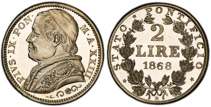 1084707 ITALIAN STATES. Papal States. Pius IX. 1868-XXIII-R AR 2 Lire. PCGS MS64PL (Prooflike).  Rome. PIUS IX PON.  M.  A... Bust left. KM 1379.3; Berman 3339.

In our opinion this is a proof or presentation striking.

Please use this link to ver...