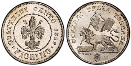 1084708 ITALIAN STATES. Tuscany. Provisional Government. 1859 AR Fiorino. PCGS MS66.  GOVERNO DELLA... Lion holding flag, left / QUATTRINI CENTO... Fleur-de-lis within beaded circle. C 79; Pagani 228.

Please use this link to verify the PCGS certi...