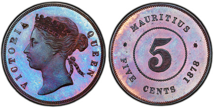 1084731 MAURITIUS. Victoria. (Queen, 1837-1901). 1878 AE 5 Cents. PCGS PR65BN (Brown).  London Mint. 27.5mm. 9.62gm. VICTORIA QUEEN. Crowned head left / MAURITIUS... Value within beaded circle. KM 9. Proof.

Please use this link to verify the PCGS...