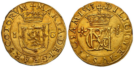 1086318 SCOTLAND. Mary. (Queen, 1542-1567). 1553 AV 44 Shillings. NGC MS62.  Edinburgh mint. 5.11gm. + MARIA • DE•I • GRA • R • SCOTORVM. Crowned royal coat-of-arms; I G across field / • DILIGITE • IVSTICIAM • 1553. Crowned MARIA REGINA monogram; ...
