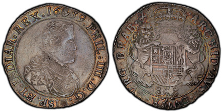 1085545 SPANISH NETHERLANDS. Brabant. Philip IV. 1639-(hand) AR Ducaton (3 Gulden). PCGS AU55.  Antwerp. Draped armored bust, right; dtae in legend above / Crowned shield of arms with supporters to either side. KM 72.1; Dav.-4454; Delmonte 284.

P...