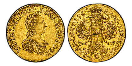 1085547 TRANSYLVANIA. Maria Theresa. 1765 AV 2 Ducats. PCGS AU55.  Karlsburg (Alba Iulia) Mint. 6.95gm. M·THERESIA·D:G· R·IMP·GE·HU·BO·RE·. Maria Theresa right / AR·AU·DUX·BU·ME·P (2) TRAN·CO·TY (date). Crowned double headed eagle. KM 631; Fr.-540...