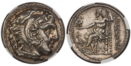 1086557 GREEK. KINGDOM OF MACEDON. Alexander III, 'the Great'. (King, 336-323 BC). Early posthumous issue. AR Tetradrachm. NGC MS✭ (Mint State ✭) Strike 5/5 Surface 4/5.  Amphipolis. Head of Heracles wearing lionskin headress to right / Zeus Aëtop...