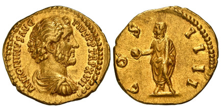 1085145 ROMAN IMPERIAL.  Antoninus Pius. (Emperor, 138-161 AD). Struck 152-153 AD. AV Aureus. NGC Ch. AU (Choice About Uncirculated) Strike 5/5 Surface 4/5 Fine Style.  7.18gm. ΛNTONINVS ΛVG PI VS P P TR P XVII,. Draped and cuirassed bare head bus...