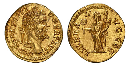1085146 ROMAN IMPERIAL.  Septimius Severus. (Emperor, 193-211 AD). Struck 193-194 AD. AV Aureus. NGC Ch. AU✭ (Choice About Uncirculated ✭) Strike 5/5 Surface 5/5.  Rome. 20mm. 7.24gm. IMP CAE•L•SEP•SE-V•PERT•AVG. Laureate head, right / LIBERA-L • ...