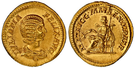 1085706 ROMAN IMPERIAL.  Julia Domna. (Wife of Septimus Severus, 193-217 AD). Struck 211-217 AD. AV Aureus. NGC Ch. AU (Choice About Uncirculated) Strike 5/5 Surface 5/5.  7.22gm. IVLIAPIA – FELIX AVG. Draped bust, right / MAT AVGG MATSEN M PATR. ...