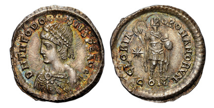 1086442 ROMAN IMPERIAL.  Theodosius II. (Eastern Roman Emperor, 402-450 AD). Struck 408-420 AD. AR Miliarensis. NGC MS (Mint State) Strike 4/5 Surface 5/5 Die Shift.  Constantinople. D N THEODO-SIVS P F AVG. Bust of Theodosius II, pearl-diademed, ...