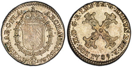 1085642 AUSTRIAN NETHERLANDS. Joseph II. 1789-(h) Billon 10 Liards, 10 Oorden. PCGS MS65.  Brussels. 2.25gm. Burgundian cross, titles of Joseph II / Crowned arms in order collar. KM 36; Witte 1152; VH 855.

Please use this link to verify the PCGS ...