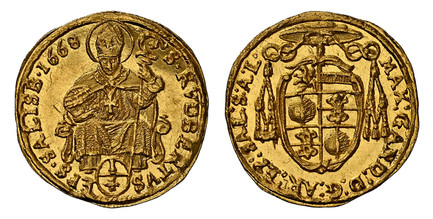 1085330 AUSTRIAN STATES. Salzburg. Maximilian Gandolph of Küenburg. (Archbishop, 1668-1687). 1668 AV 1/4 Ducat. NGC MS65.  .875gm. MAX GAND…. Shield of arms below a "Cappello Romano" (Cappello Saturno) or Roman hat with tasselated strings to eithe...
