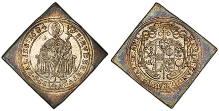 1086179 AUSTRIAN STATES. Salzburg. Maximilian Gandolph. 1684 AR Klippe 1/4 Thaler. PCGS MS62.  7.20gm. MAXIM GANDOL D G…. Hat above two shields of arms / St. Rupert in inner circle, value below, date in legend. KM 246.

Please use this link to ver...