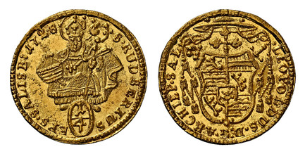 1085335 AUSTRIAN STATES. Salzburg. Leopold Anton Eleutherius of Firmian. (Archibishop, 1727-1744). 1728 AV 1/4 Ducat. NGC MS66.  .875gm. LEOPOLDUS ... Cardinals' hat above shield / St. Rupert above value within oval circle. KM 330; Fr.-851; Probsz...