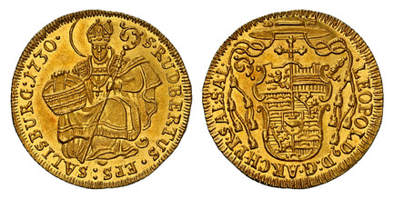 1085333 AUSTRIAN STATES. Salzburg. Leopold Anton Eleutherius of Firmian. (Archibishop, 1727-1744). 1730 AV Ducat. NGC MS64.  3.49gm. LEOPOLD ... Cardinals' hat above pear-shaped shield / S: RUDBERTUS · EPS · SALISBURG ·. St. Rupert. KM 323; Fr.-84...