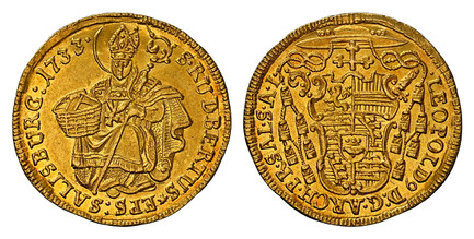 1085334 AUSTRIAN STATES. Salzburg. Leopold Anton Eleutherius of Firmian. (Archibishop, 1727-1744). 1733 AV Ducat. NGC MS63.  3.43gm. LEOPOLD ... Cardinals' hat above pear-shaped shield / S: RUDBERTUS · EPS · SALISBURG ·. St. Rupert. KM 323; Fr.-84...