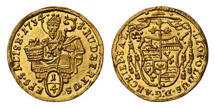 1085336 AUSTRIAN STATES. Salzburg. Leopold Anton Eleutherius of Firmian. (Archibishop, 1727-1744). 1734 AV 1/4 Ducat. NGC MS64.  .875gm. LEOPOLDUS ... Cardinals' hat above shield / St. Rupert above value within oval circle. KM 330; Fr.-851; Probsz...