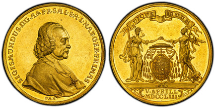 1085338 AUSTRIAN STATES. Salzburg. Sigismund III. (Prince-archbishop, 1753-1771). 1753 AV 12 Ducats. PCGS MS61.  By Franz Matzenkopf (dies). 42.3mm. 41.67gm. SIGISMUNDUS D G A & PR SAL S A L NAT GER PRIMAS. Bust of Sigismund III, right; signed F.M...
