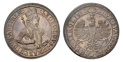 1086126 AUSTRIA. Leopold. (Archduke, 1619-1632). (1625) ND AR 2 Thaler. NGC MS63.  Hall. Crowned half-length bust, right; scepter over right shoulder, left hand on hilt / Crowned eagle within inner circle, legend around. KM 609.1 (Prev. KM 807.1);...
