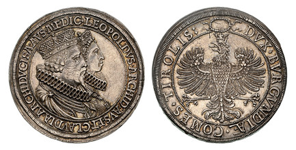 1086125 AUSTRIA. Leopold. (Archduke, 1619-1632). (1626) AR 2 Thaler. NGC MS61.  Hall. .LEOPOLDVS.ARCHID:AVS:ET.CLAVDIA:ARCHIDVCISA.AVS:MEDIC. Conjoined busts of Leopold and Claudia right / Crowned eagle within inner circle, legend around. KM 639 (...
