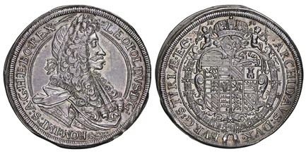 1085940 AUSTRIA. Leopold I. 1698 (J. J. Aigmann, mintmaster) AR Thaler. NGC AU55.  Graz. LEOPOLDVS•D:G: *(∞)* ROM:IMP:S:A:G:H:[ET] BO:REX• (palm branch). Draped laureate bust, right / •ARCHID•AVS:DVX• BVRG: STYRIÆ*[ETC]. Crowned arms within Order ...