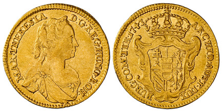 1086467 AUSTRIA. Maria Theresa. 1743 AV Ducat. NGC AU50.  Vienna. Bust right / Crowned arms. KM 1705; Fr.-397.

Currently the finest known at NGC as of February 2026

Please use this link to verify the NGC certification number <a href="https://www...