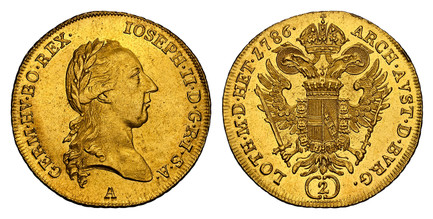 1080034 AUSTRIA. Joseph II. 1786-A AV 2 Ducats. NGC MS63.  Vienna. 6.98gm. IOSEPH · II · D · G · R · I · S · A · GERM · HV · BO · REX ·. Laureate bust right / ARCH · AVST · D · BVRG · LOTH · M · D · HET ·. Crowned imperial double eagle, value enci...