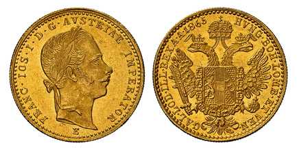 1085044 AUSTRIA. Franz Joseph I. 1865-E AV Ducat. NGC MS63.  Karlsburg. 3.50gm. Laureate head right / Crowned imperial double eagle. KM 2264; Frühwald 1217.

Please use this link to verify the NGC certification number <a href="https://www.ngccoin....