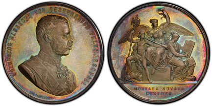 1075678 AUSTRIA. Albrecht. (Archduke of Teschen, 1817-1895). 1877 AR Medal. PCGS SP67.  By Jos. Tautenhayn. 63mm. 85.42gm. ERHERZOG ALBRECHT VON OSTERREICH FELDMARSCALL. Uniformed bust, right / MORTARA NOVARA/ CUSTOZA. Victory seated on a plinth b...