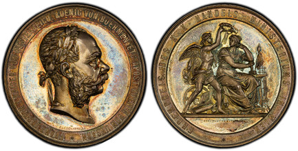 1085686 AUSTRIA. Franz Joseph I. ND (1878) AR Medal. PCGS SP64.  By Tautenhayn. Vienna. Edge: (A). 57mm. 69.55gm. Head right / Winged genius crowning seated female with wreath. Hauser 2794.

Prize medal of the Imperial and Royal Ministry of Trade ...