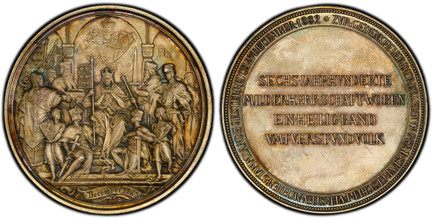 1085685 AUSTRIA. Franz Joseph I. 1882 AR Medal. PCGS SP64.  Vienna. Edge: (A). 61mm. 97.12gm. Depiction of the investiture by Emperor Rudolf I to his sons Albrecht and Rudolf / Plain field with four-line inscription; legend around. Hauser 1687; Wu...