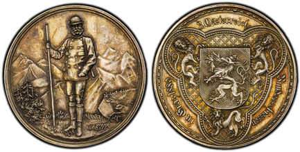 1085684 AUSTRIA. Franz Joseph I. 1889 AR Medallic 2 Gulden (Shooting Medal). PCGS SP62.  By Jauner. Edge: (Diana head) (JC). 36mm. 25.76gm. Emperor Franz Joseph I standing in hunting garb in mountain landscape / Shield of Styria, supported by lion...