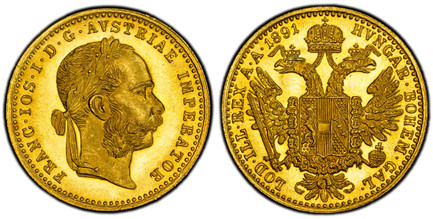 1085536 AUSTRIA. Franz Joseph I. 1891 AV Ducat. PCGS MS65.  Vienna. 3.49gm. Laureate head right, heavy whiskers / Crowned imperial double eagle. KM 2267.

Please use this link to verify the PCGS certification number <a href="http://www.pcgs.com/ce...