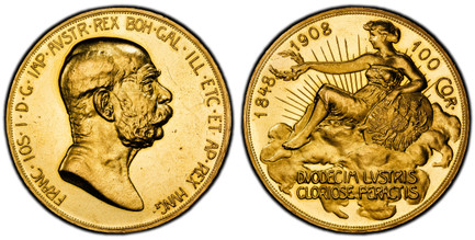 1086048 AUSTRIA. Franz Joseph I. (Emperor, 1848-1916). 1908 AV 100 Corona. PCGS MS62PL (Prooflike).  Kremnitz. Edge: Incuse lettering, VIRIBVS VNITIS. FRANC·IOS·I·D·G·IMP·AVSTR·REX BOH·GAL·ILL·ETC·ET AP·REX HUNG·. Head right / 1848 1908 100 COR · ...