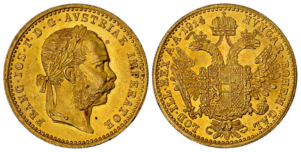 1085432 AUSTRIA. Franz Joseph I. (Emperor, 1848-1916). 1914/3 AV Ducat. NGC MS65.  Vienna. 3.46gm. Laureate head right, heavy whiskers / Crowned imperial double eagle. KM 2267; Fr.-493; Herinek 183.

Please use this link to verify the NGC certific...