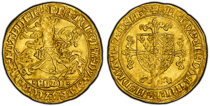 1085675 BELGIUM. Flanders. Philippe le Bon. (King, 1419-1467). (1419-67) AV Cavalier d'Or (Gouden Rijder). PCGS MS62.  Ghent mint. 3.59gm. Ph'S: DЄI: GRΛ: DVX: BVRG: Z: COMЄS: FLΛИDRIЄ (double saltire stops). Armored knight on horseback galloping ...