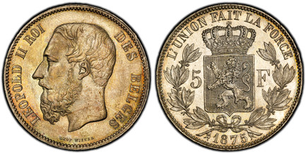 1085858 BELGIUM. Leopold II. 1875 AR 5 Francs, 5 Frank. PCGS MS65+.  By Leopold Wiener. Brussels. LEOPOLD II ROI DES BELGES. Smaller head, engraver's name near rim, below truncation / L'UNION FAIT LA FORCE. Crowned arms on ornate shield divide den...