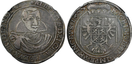 1086470 BOHEMIA. Friedland. Albrecht von Wallenstein. 1627 Privy mark: sunface (mintmaster Georg Reick); Engraver: Hans Rieger, Breslau (Wroclaw) AR Thaler. NGC XF45.  Jitschin (Jicin) Mint. Facing bust with large collar / Plain field at sides of ...