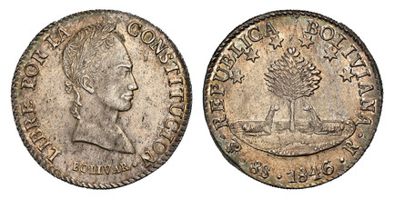 1085859 BOLIVIA. 1846/5-PTS R AR 8 Soles. NGC MS62.  Potosi. 26.78gm. Llamas beneath tree with short branches, stars above / Laureate head right. KM 103.

Currently the finest known at NGC as of November 2025

Please use this link to verify the NG...